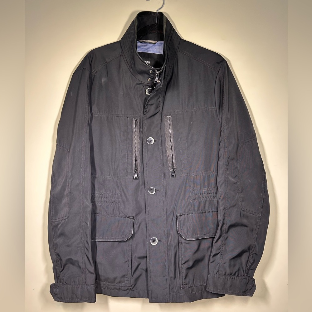 Hugo Boss Jacket Water Rplnt  Leather Trim Adjustable Waist Military Mens US 40R